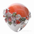 Fine silver ring with high quality white and colorful cubic zirconia, orange cat eye